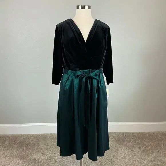 Alex Evenings Velvet A-Line V-Neck Midi Cocktail Dress Black and Green Size 20W - Picture 2 of 13